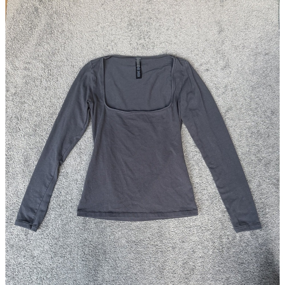 Skims Cotton Jersey Square Neck Long Sleeve Top Charcoal Grey Size M